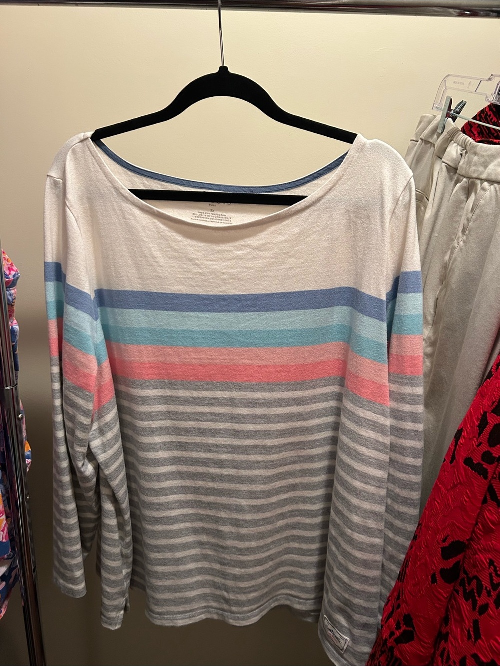Talbots White & Gray Striped Boatneck Top with Pastel Stripes
